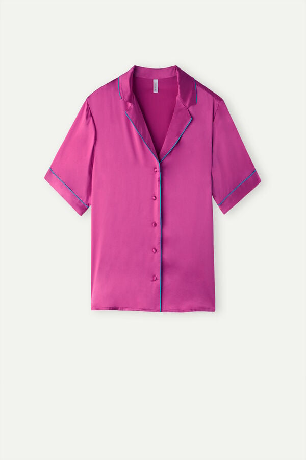 Intimssimi Short Sleeve Silk Shirt with Contrast Trim Pink | DUSVO52485