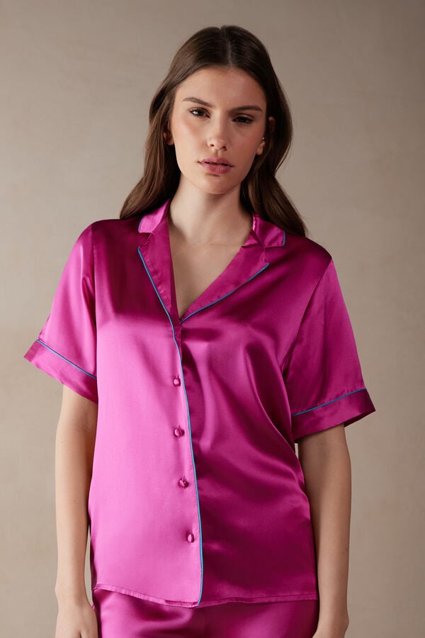 Intimssimi Short Sleeve Silk Shirt with Contrast Trim Pink | DUSVO52485