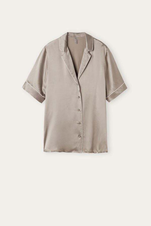 Intimssimi Short Sleeve Silk Shirt with Contrast Trim Natural | PUSQX91110