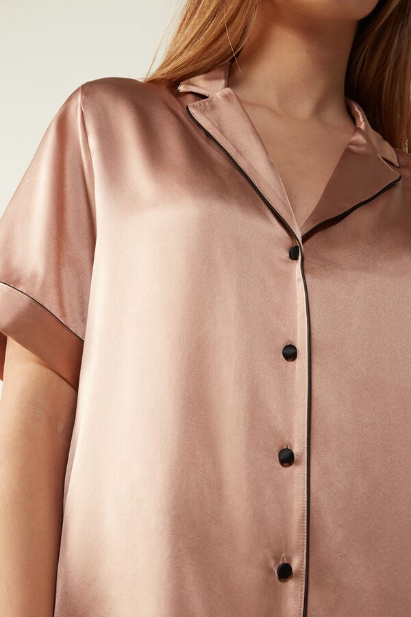 Intimssimi Short Sleeve Silk Shirt with Contrast Trim Natural | USDYB35361