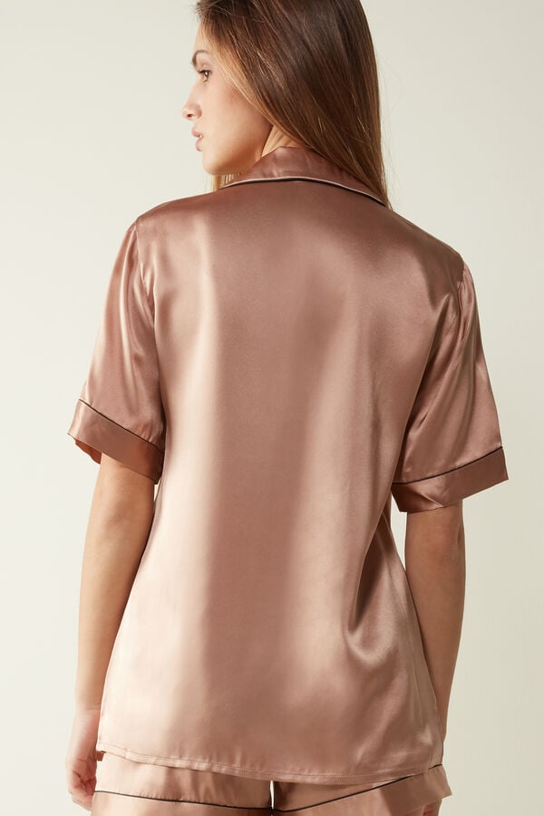 Intimssimi Short Sleeve Silk Shirt with Contrast Trim Natural | USDYB35361