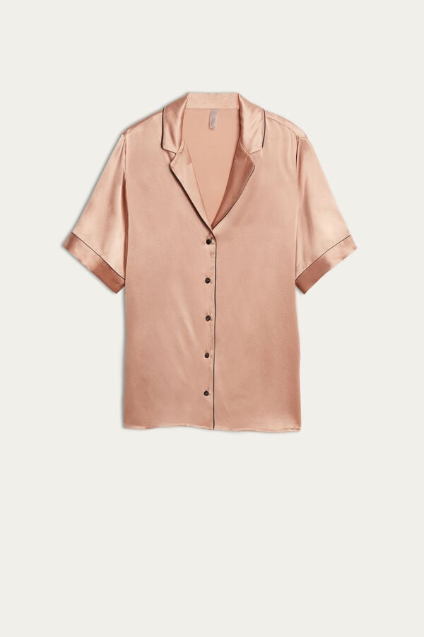 Intimssimi Short Sleeve Silk Shirt with Contrast Trim Natural | USDYB35361