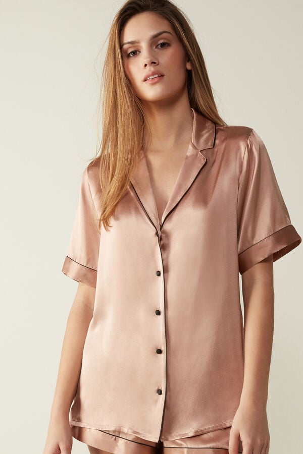 Intimssimi Short Sleeve Silk Shirt with Contrast Trim Natural | USDYB35361