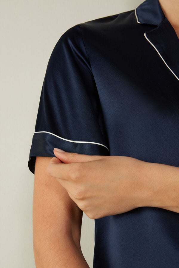 Intimssimi Short Sleeve Silk Shirt with Contrast Trim Blue | USQAV32528