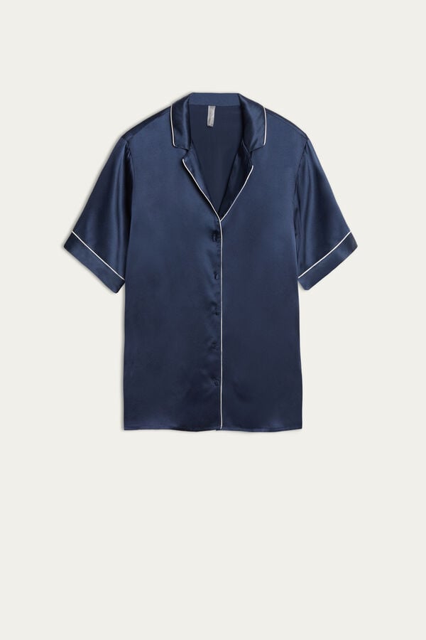 Intimssimi Short Sleeve Silk Shirt with Contrast Trim Blue | USQAV32528