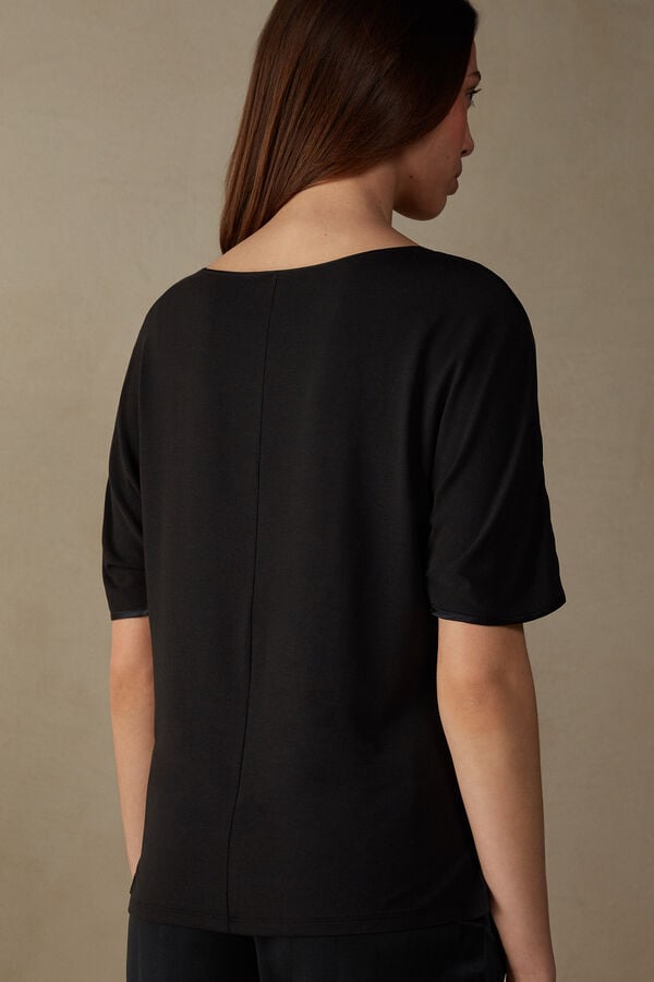 Intimssimi Short Sleeve Silk and Modal Top Black | DUSKV68165