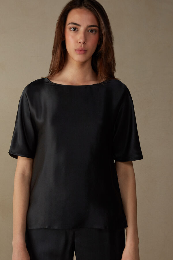 Intimssimi Short Sleeve Silk and Modal Top Black | DUSKV68165