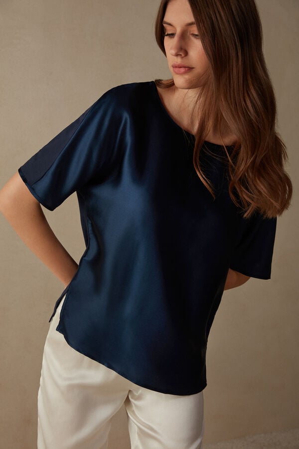 Intimssimi Short Sleeve Silk and Modal Top Blue | ZUSNQ95950