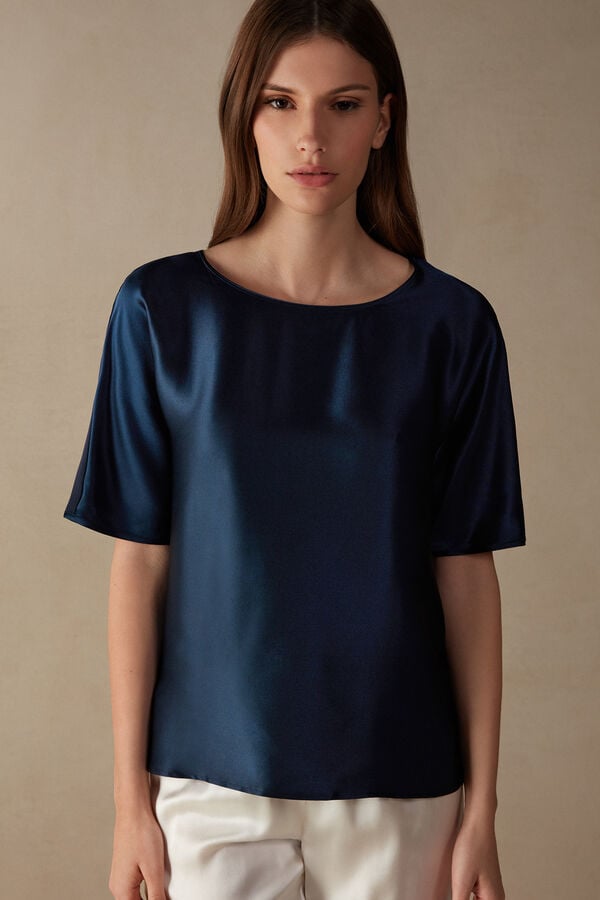 Intimssimi Short Sleeve Silk and Modal Top Blue | ZUSNQ95950