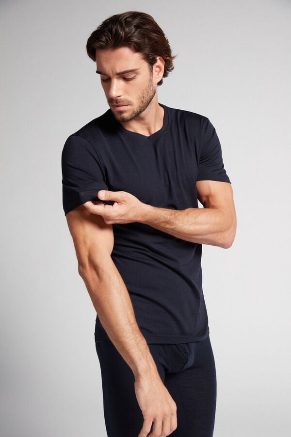 Intimssimi Stretch Merino Wool Short-Sleeve T-Shirt Black | USEGJ42583