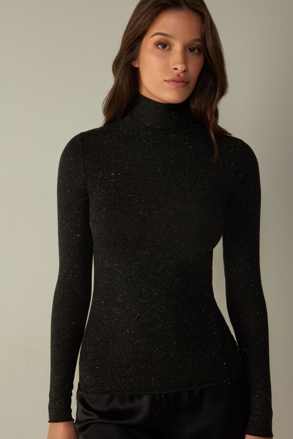 Intimssimi Turtleneck Top in Modal Light with Cashmere Lamé Black | UUSTG75755