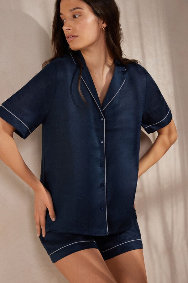 Intimssimi Yacht Night Linen Short Sleeve Shirt Blue | USJBT91828