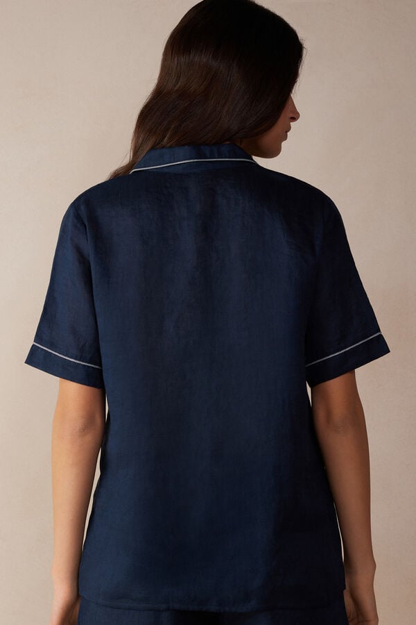 Intimssimi Yacht Night Linen Short Sleeve Shirt Blue | USJBT91828