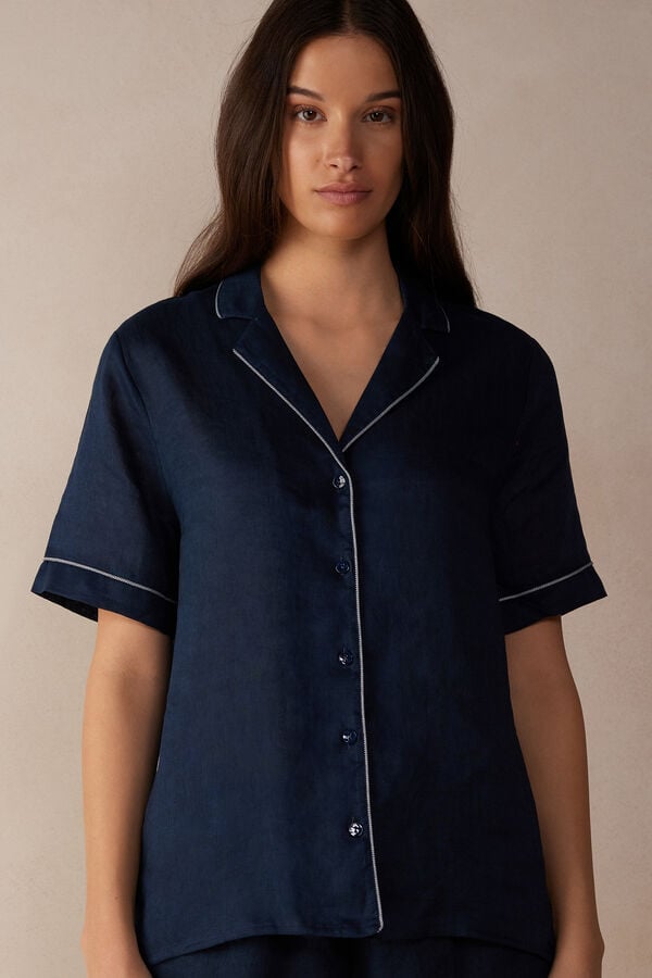 Intimssimi Yacht Night Linen Short Sleeve Shirt Blue | USJBT91828